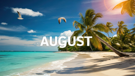 A beach with palm trees and a blue sky, the word august written in white, AIの素材