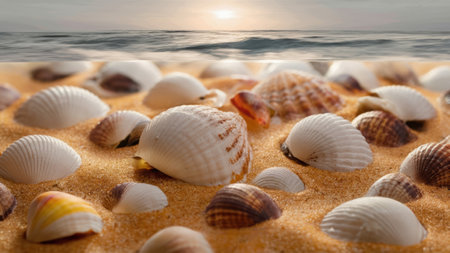 A bunch of shells are scattered on the sand near a body of water, AIの素材