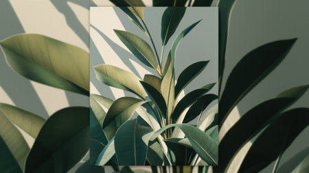 A close up of a painting with green leaves and white background, AIの素材