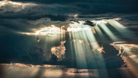 A plane flying through a cloudy sky with sunbeams coming out, AIの素材