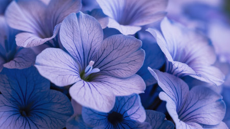 A close up of a bunch of blue flowers with purple centers, AIの素材