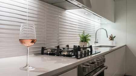 A glass of a wine bottle sitting on top of the stove, AIの素材