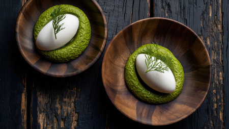 Two wooden bowls with green food in them on a table, AIの素材