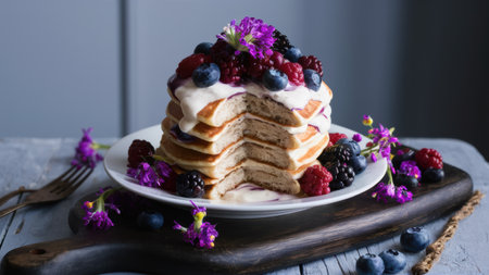 A stack of pancakes with berries and cream on a plate, AIの素材