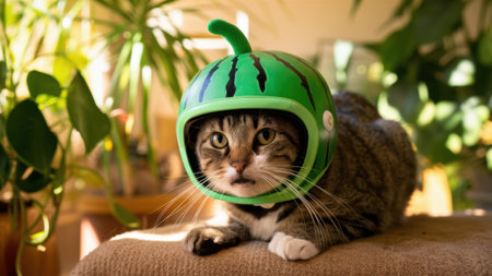 A cat wearing a watermelon helmet on top of the couch, AIの素材