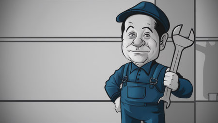 A cartoon character of a mechanic holding an oversized wrench, AIの素材