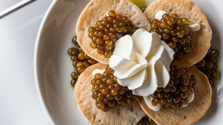 A white plate with a dessert on it and some cream, AIの素材