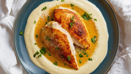 A plate of two chicken breasts with sauce and parsley, AIの素材