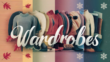 A group of clothes and a sweater with the words wardrobe, AIの素材