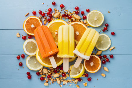 Three popsicles are surrounded by oranges, cherries and nuts, AIの素材