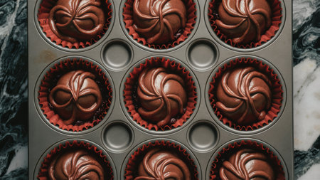 A pan of chocolate cupcakes in a muffin tin on marble counter, AIの素材