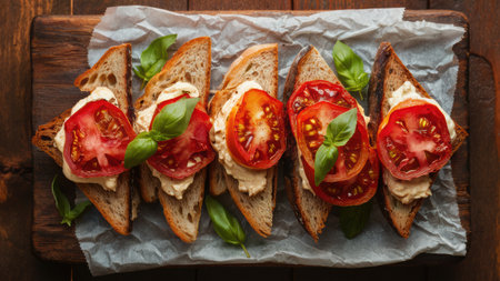 A close up of a sandwich with tomatoes and basil on it, AIの素材