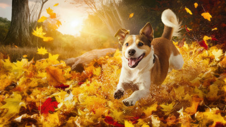 A dog running through a field of leaves in the fall, AIの素材