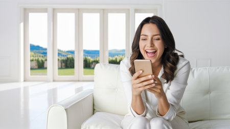 A woman sitting on a couch holding her phone and laughing, AIの素材