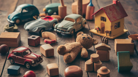A teddy bear and wooden toys on a table with other toy cars, AIの素材