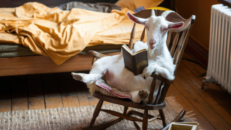 A goat is sitting in a rocking chair reading a book, AIの素材