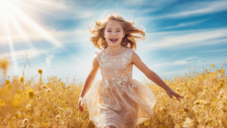 A little girl in a dress running through the field, AIの素材