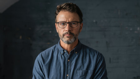 A man with glasses and a beard standing in front of a wall, AIの素材