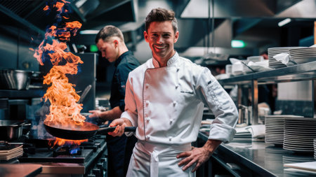 A man in a kitchen with flames coming out of the pan, AIの素材