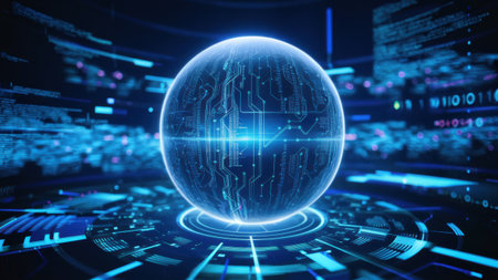 A futuristic image of a glowing sphere surrounded by computer code, AIの素材