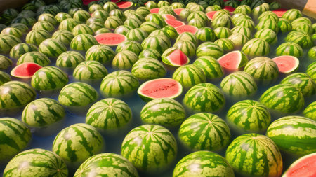 A large amount of watermelons are being cut up and put in a bucket, AIの素材