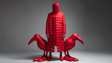 A person in a red outfit standing next to two birds, AIの素材