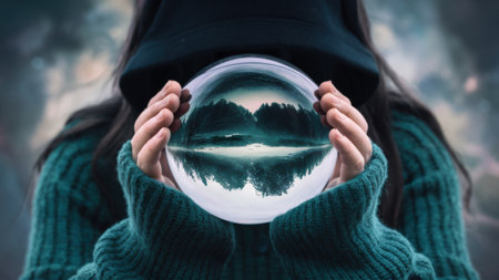 A woman holding a glass ball with an image of the forest in it, AIの素材