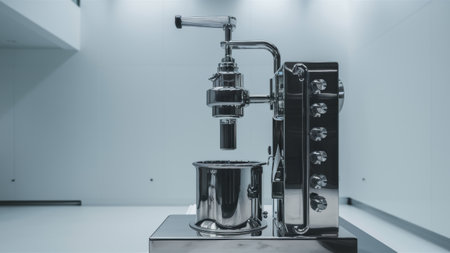 A metal chrome machine that is sitting on a table in the middle of an empty room, AIの素材