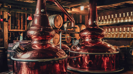 Two copper pots sitting on a shelf in front of bottles, AIの素材