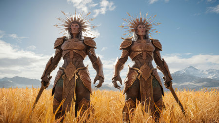 Two women in armor standing on top of a field with grass, AIの素材