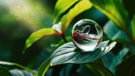 A close up of a glass ball sitting on top of green leaves, AIの素材