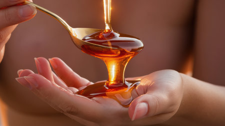 A person pouring honey from a spoon into their hand, AIの素材
