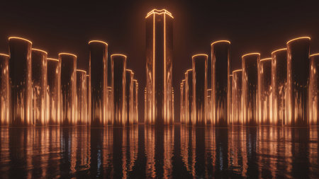 A large group of columns lit up with neon lights, AIの素材