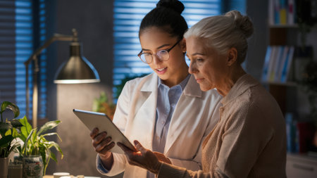 A woman and a doctor looking at something on a tablet computer, AIの素材