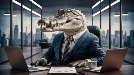 A crocodile in a suit sitting at two laptops, AIの素材