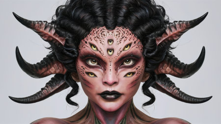 A woman with horns and a face painted in black, AIの素材