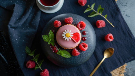 A close up of a dessert with raspberries and other berries, AIの素材