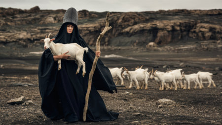 A woman in black robe holding a stick and two goats, AIの素材