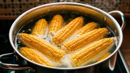 A pot of corn being boiled in a pan on the stove, AIの素材