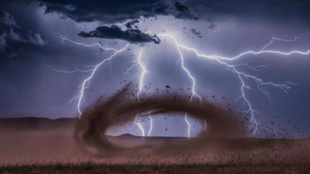 A tornado is seen in the distance with a lightning bolt, AIの素材