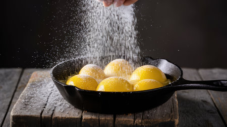A person sprinkling sugar on some eggs in a pan, AIの素材