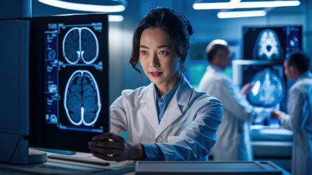 A woman in a lab coat looking at an mri image, AIの素材