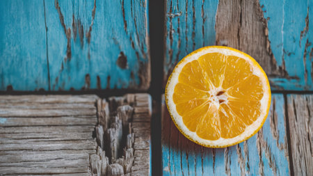 A half of an orange sitting on a blue wooden table, AIの素材