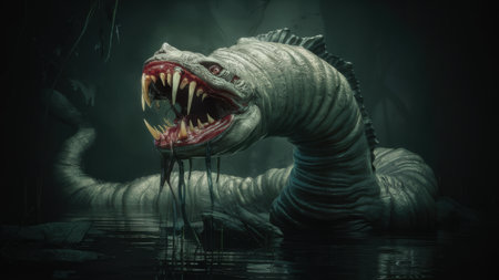 A large fictional snake with its mouth open in the water, AIの素材