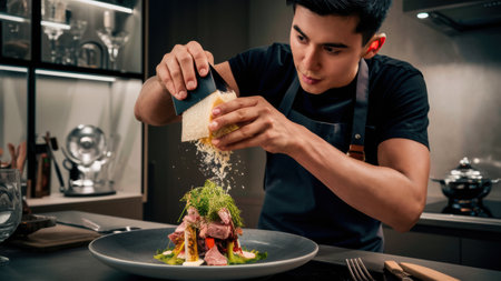 A man in black shirt making a sandwich on top of food, AIの素材