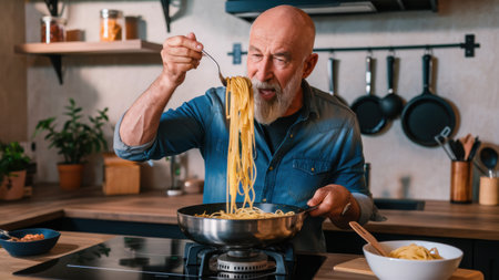A man with a beard cooking pasta in a pan, AIの素材