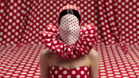A woman wearing a red and white polka dot mask, AIの素材