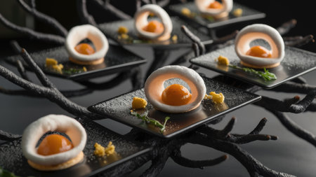 A group of small plates with food on them are arranged in a tree, AIの素材