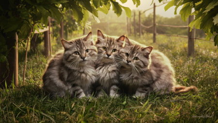 Three cats are sitting in a field of grass looking at the camera, AIの素材