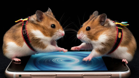 Two hamsters are standing on top of a cell phone, AIの素材